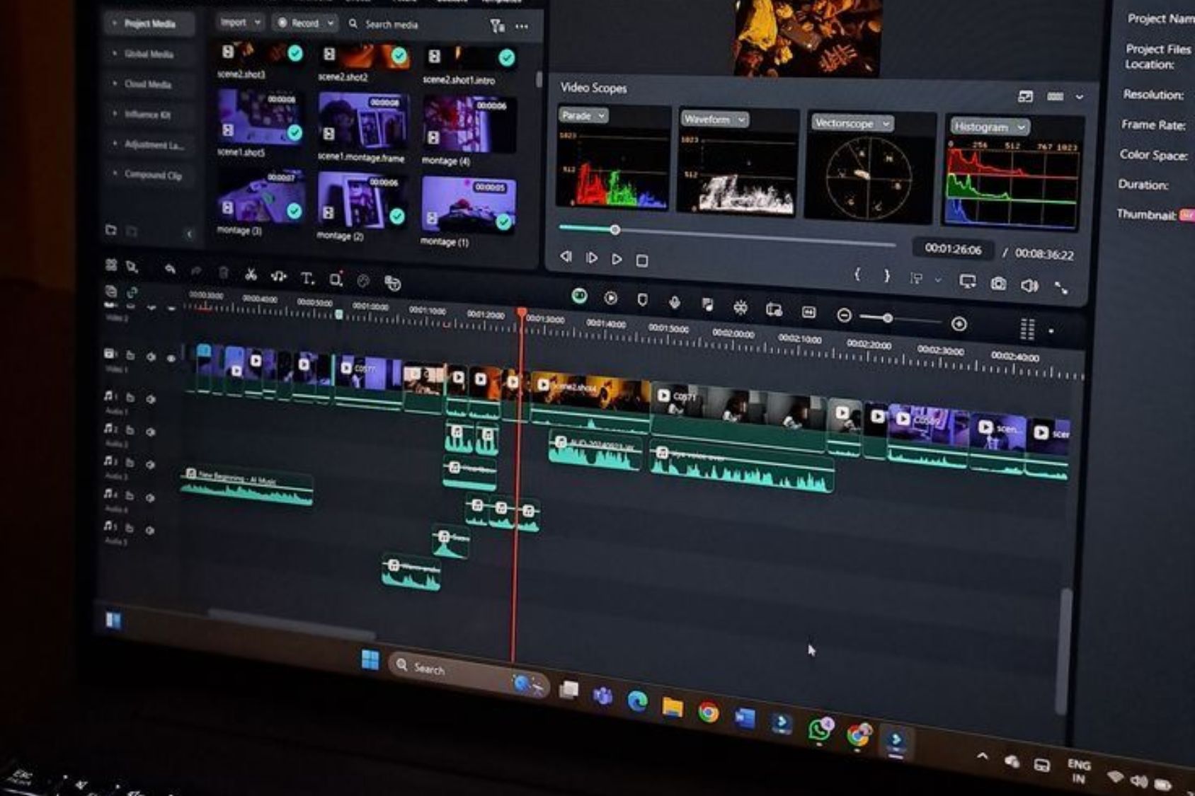 Video editing timeline on screen